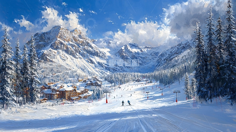 高清大图下载【趣麦麦图】雪山滑雪度假村