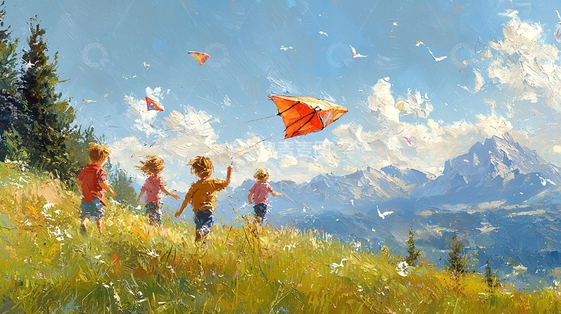 高清大图下载【趣麦麦图】儿童放风筝