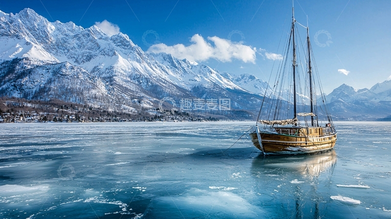 高清大图下载【趣麦麦图】冰封湖面上的木船