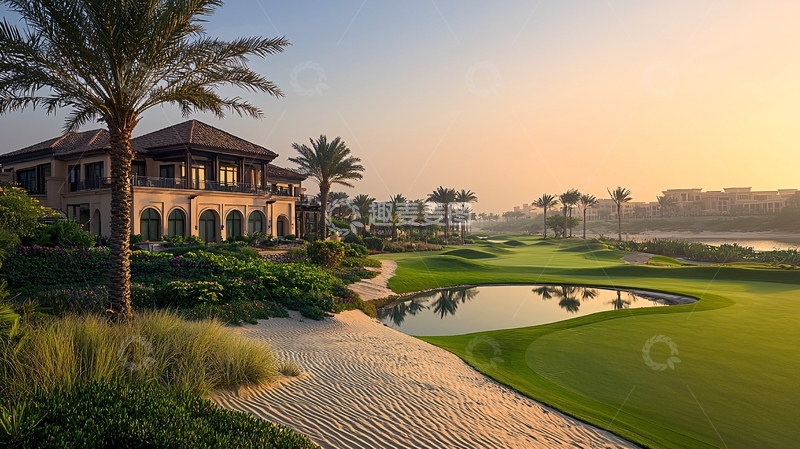 高清大图下载【趣麦麦图】日出时分的高尔夫球场别墅