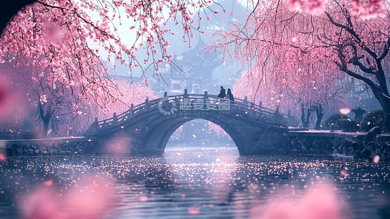 高清大图下载【趣麦麦图】浪漫樱花盛开的桥