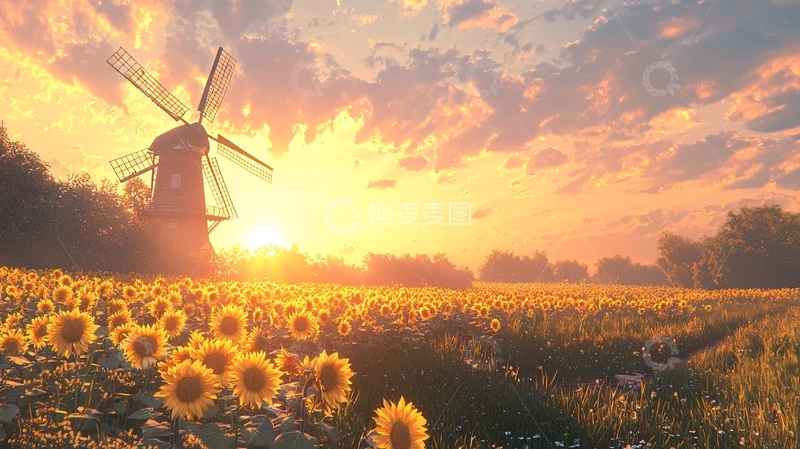 高清大图下载【趣麦麦图】夕阳下的向日葵田与风车