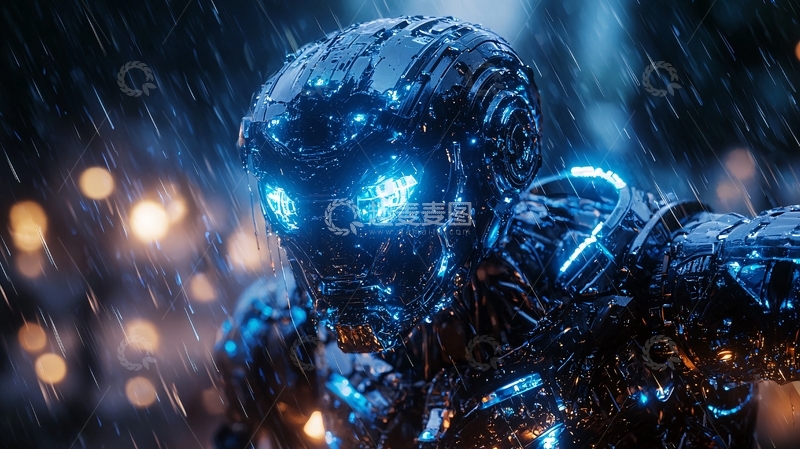 高清大图下载【趣麦麦图】雨中蓝色发光机械战警
