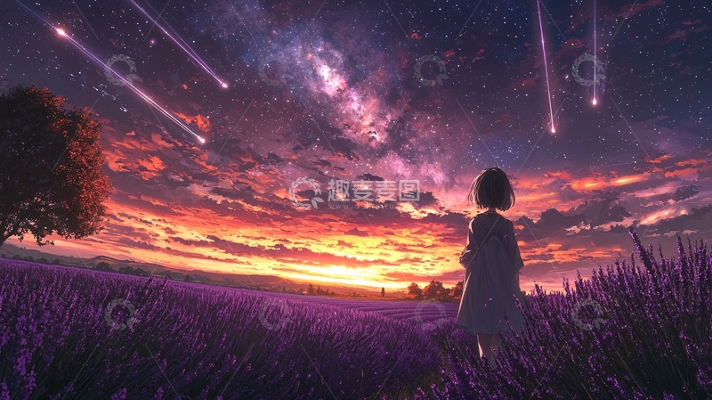 高清大图下载【趣麦麦图】唯美星空下的薰衣草田
