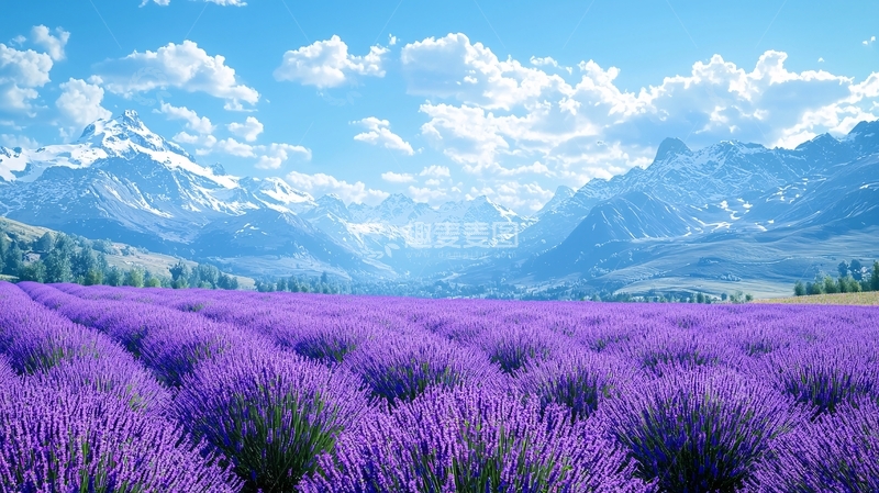 高清大图下载【趣麦麦图】薰衣草田与雪山风景