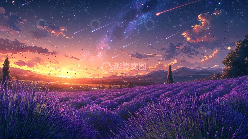 高清大图下载【趣麦麦图】薰衣草田落日流星雨