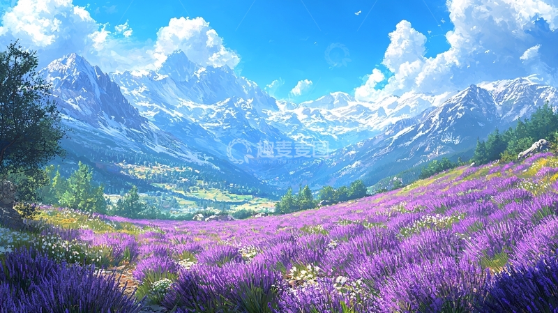 高清大图下载【趣麦麦图】薰衣草花田雪山风景
