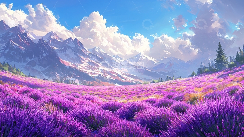 高清大图下载【趣麦麦图】薰衣草田野山脉白云蓝天