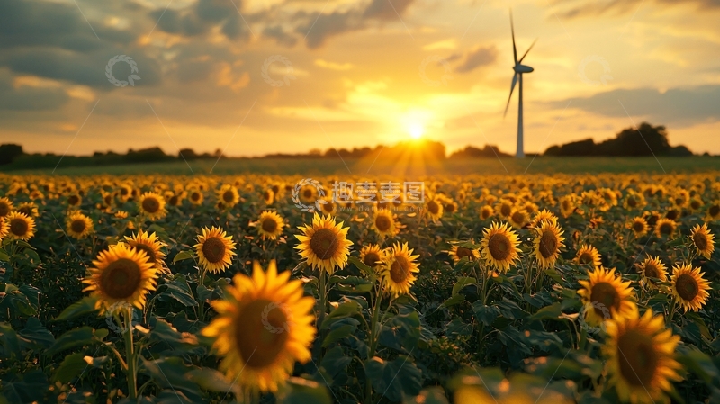 高清大图下载【趣麦麦图】夕阳下的向日葵田和风力发电机