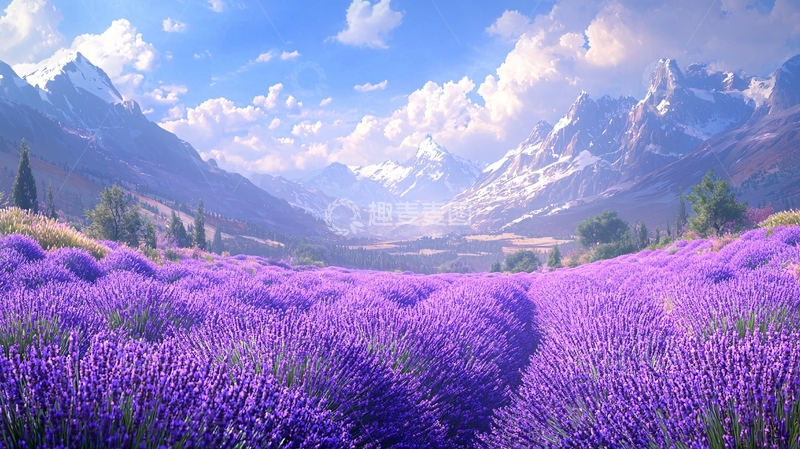 高清大图下载【趣麦麦图】薰衣草花田雪山风景