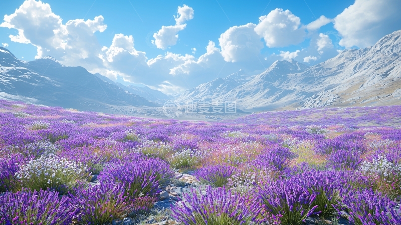 高清大图下载【趣麦麦图】薰衣草花海山脉景色