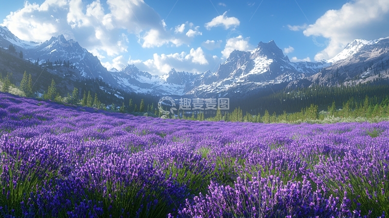 高清大图下载【趣麦麦图】薰衣草花田雪山风景