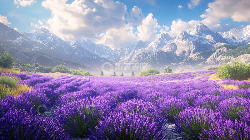高清大图下载【趣麦麦图】薰衣草花田雪山风景
