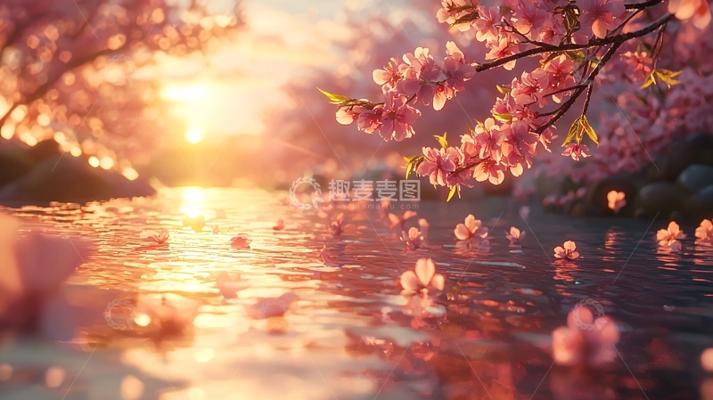 高清大图下载【趣麦麦图】夕阳下樱花飘落水面