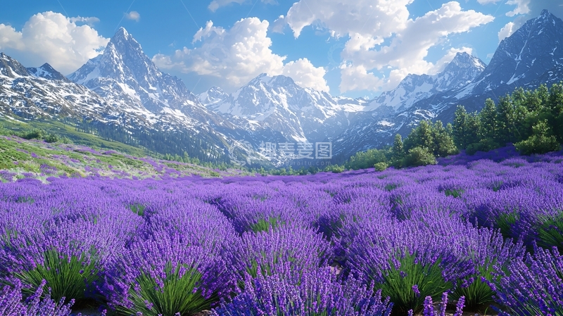 高清大图下载【趣麦麦图】薰衣草田与雪山