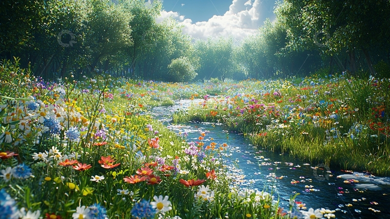 高清大图下载【趣麦麦图】鲜花盛开的溪流