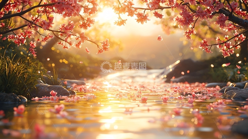 高清大图下载【趣麦麦图】唯美樱花溪流夕阳