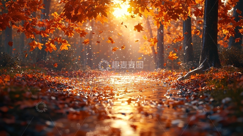高清大图下载【趣麦麦图】秋日小路落叶纷飞