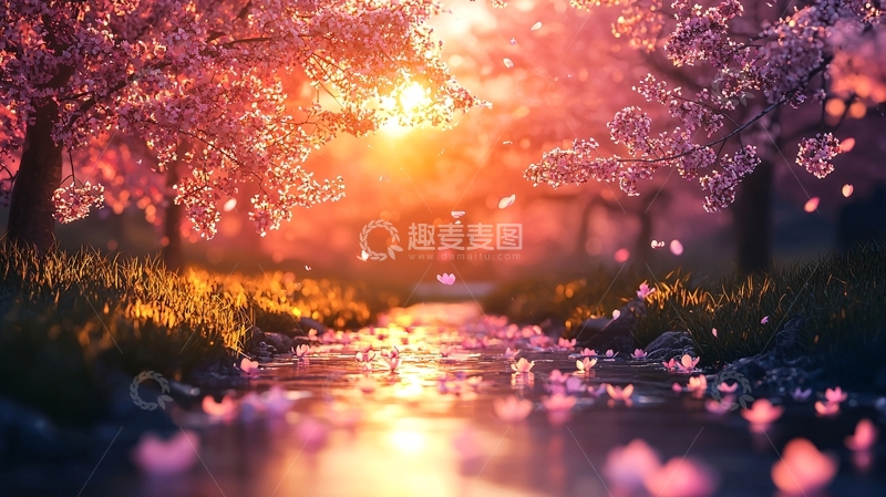高清大图下载【趣麦麦图】唯美樱花树下小溪