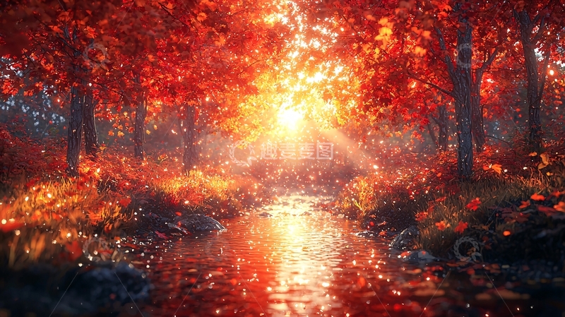 高清大图下载【趣麦麦图】红叶森林溪流日落