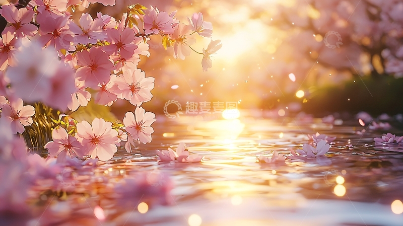 高清大图下载【趣麦麦图】落日余晖下的粉色樱花