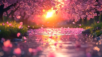 粉色樱花树下小溪