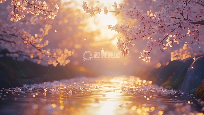 高清大图下载【趣麦麦图】夕阳下的樱花河