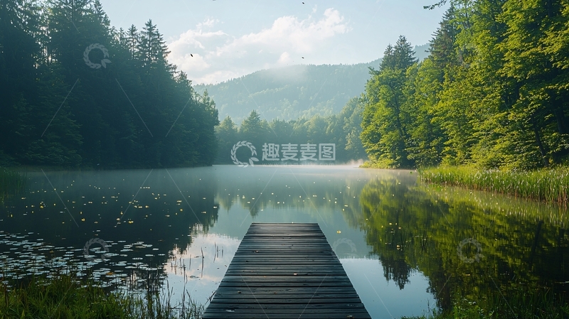 高清大图下载【趣麦麦图】清晨湖边木栈道