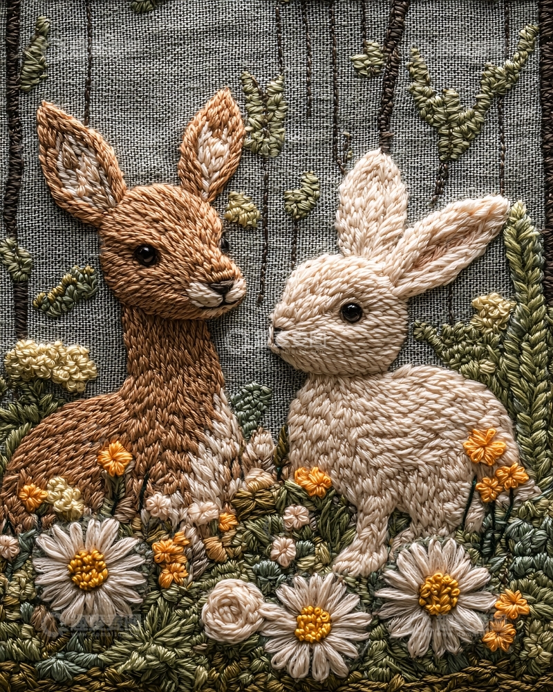 高清大图下载【趣麦麦图】小鹿和兔子绣花图