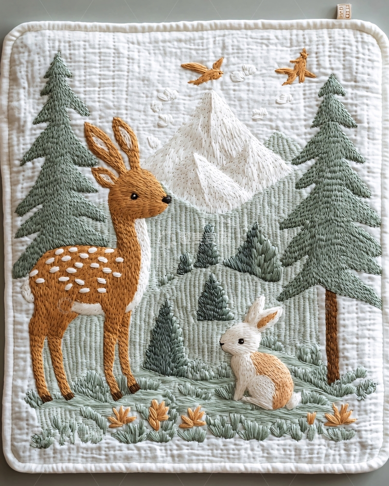 高清大图下载【趣麦麦图】小鹿兔子森林刺绣挂毯