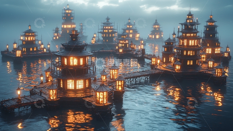 高清大图下载【趣麦麦图】雾气中的水上灯笼古镇