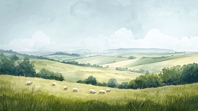 高清大图下载【趣麦麦图】绿色田野上的绵羊