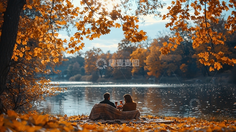 高清大图下载【趣麦麦图】秋日情侣湖边野餐