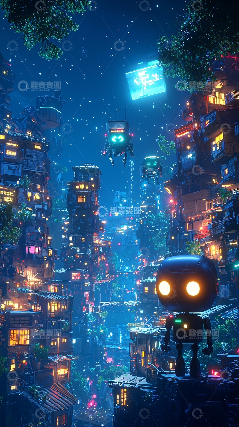 高清大图下载【趣麦麦图】夜间梦幻机器人城市