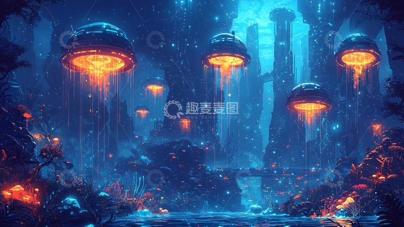 高清大图下载【趣麦麦图】深海奇幻生物发光场景