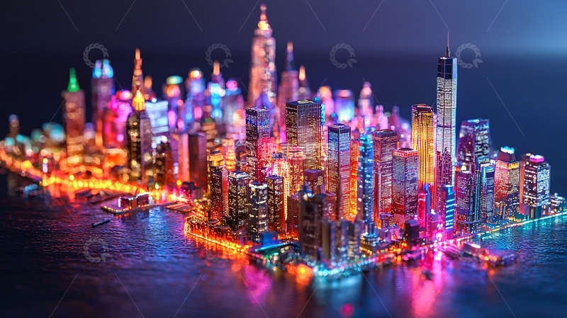 高清大图下载【趣麦麦图】夜晚霓虹灯下的城市全景