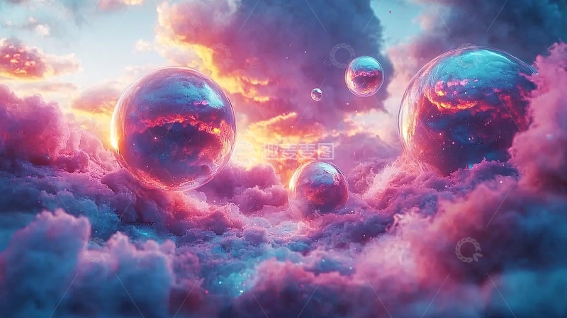 高清大图下载【趣麦麦图】梦幻彩色云朵与金属球