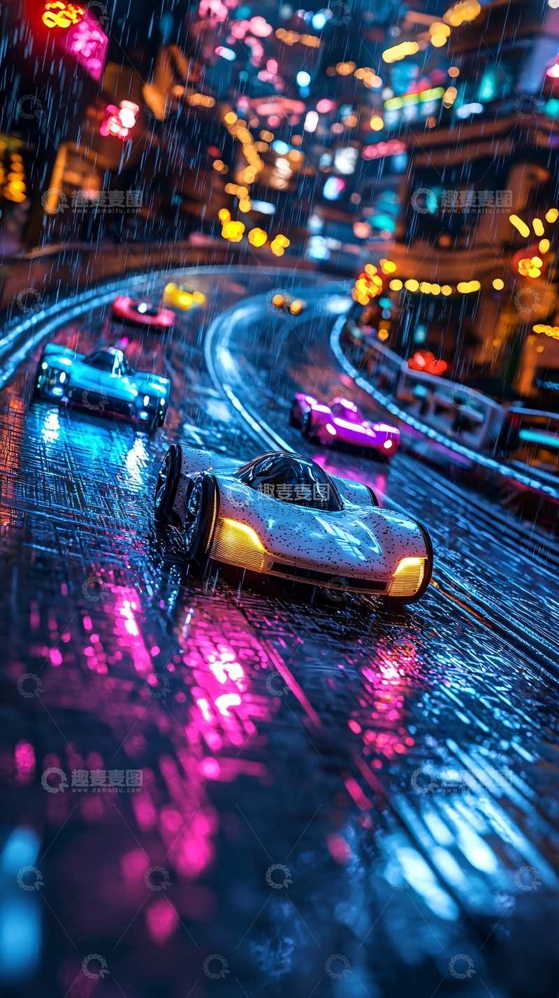 高清大图下载【趣麦麦图】雨夜赛车城市夜景