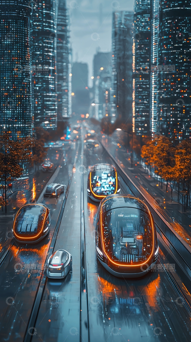 高清大图下载【趣麦麦图】雨中未来都市交通