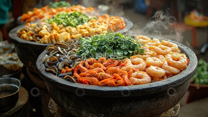 高清大图下载【趣麦麦图】热气腾腾的海鲜大锅菜