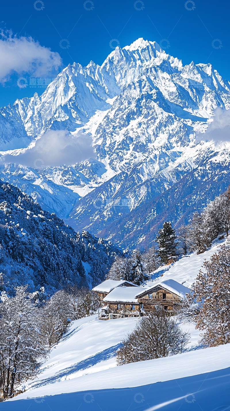 高清大图下载【趣麦麦图】雪山下的木屋