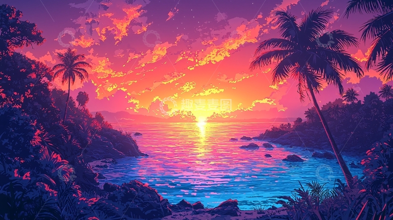 高清大图下载【趣麦麦图】唯美热带海滩落日