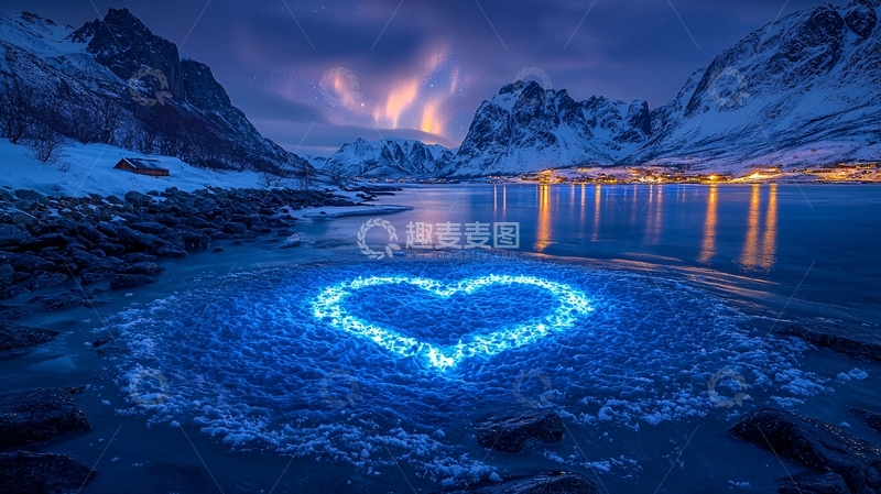 高清大图下载【趣麦麦图】极光下的蓝色爱心沙滩
