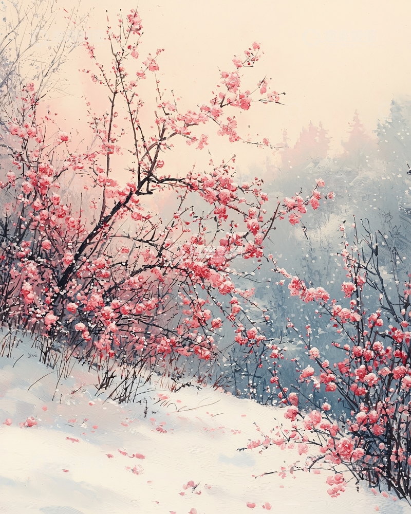 高清大图下载【趣麦麦图】冬日粉红色花朵雪景