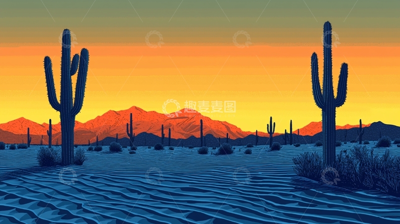 高清大图下载【趣麦麦图】沙漠日落仙人掌剪影