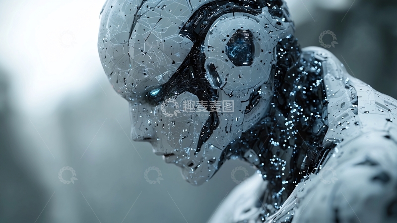 高清大图下载【趣麦麦图】雨中忧郁的白色机器人