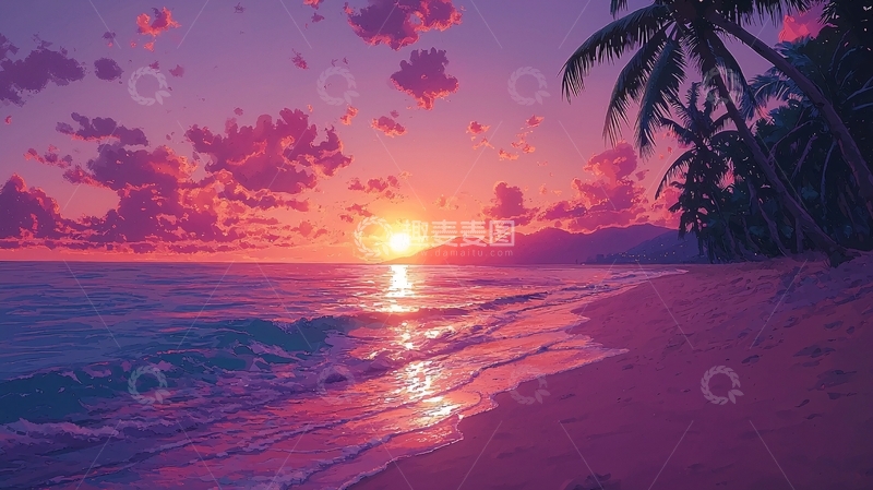 高清大图下载【趣麦麦图】紫色日落海滩