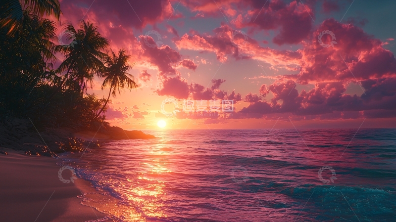 高清大图下载【趣麦麦图】粉色日落海滩