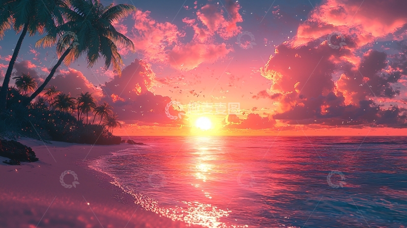 高清大图下载【趣麦麦图】粉色日落海滩