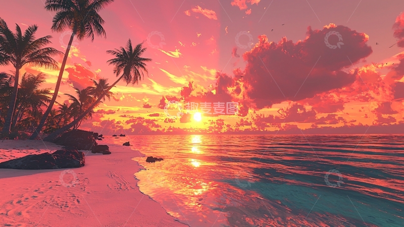高清大图下载【趣麦麦图】粉色系海滩日落